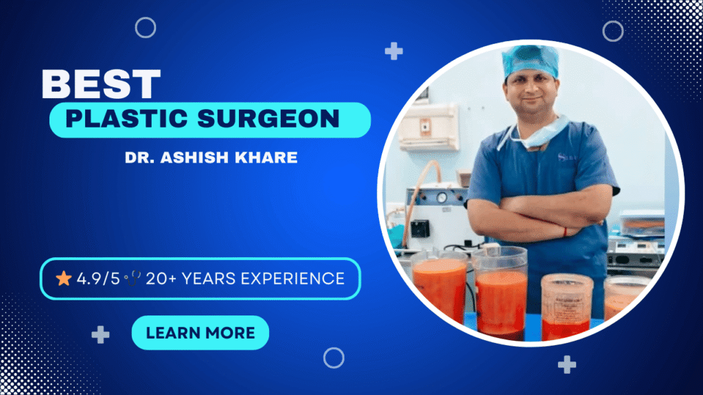 Dr. Ashish Khare in surgical scrubs, 20+ years plastic surgery experience