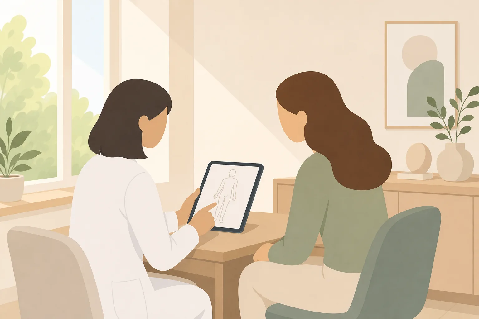 what is a bbl: A calm consultation room with a doctor and patient reviewing a body outline drawing on a tablet, warm nat