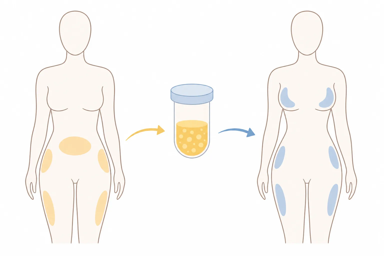 what is a bbl: Minimal medical diagram of a body outline with arrows showing fat transfer, clean white background